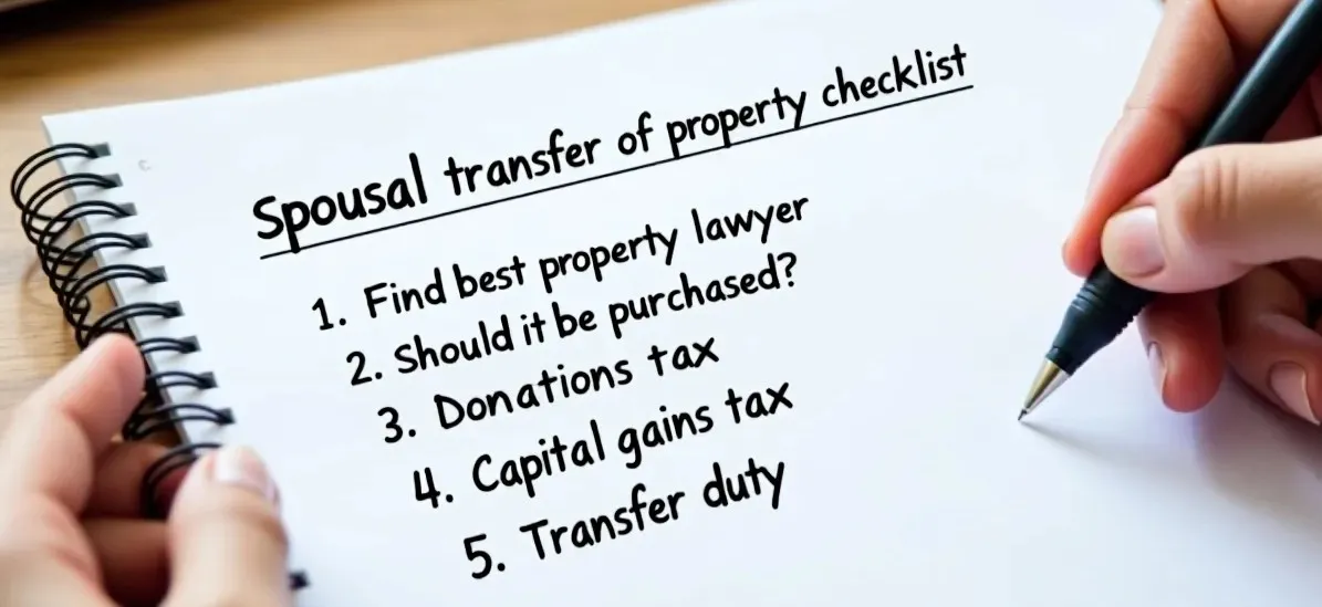 Spousal transfer of property checklist. 1 find top property lawyer, 2 should it be purchased, 3 donations tax, 4 Capital gains tax, 5 transfer duty -